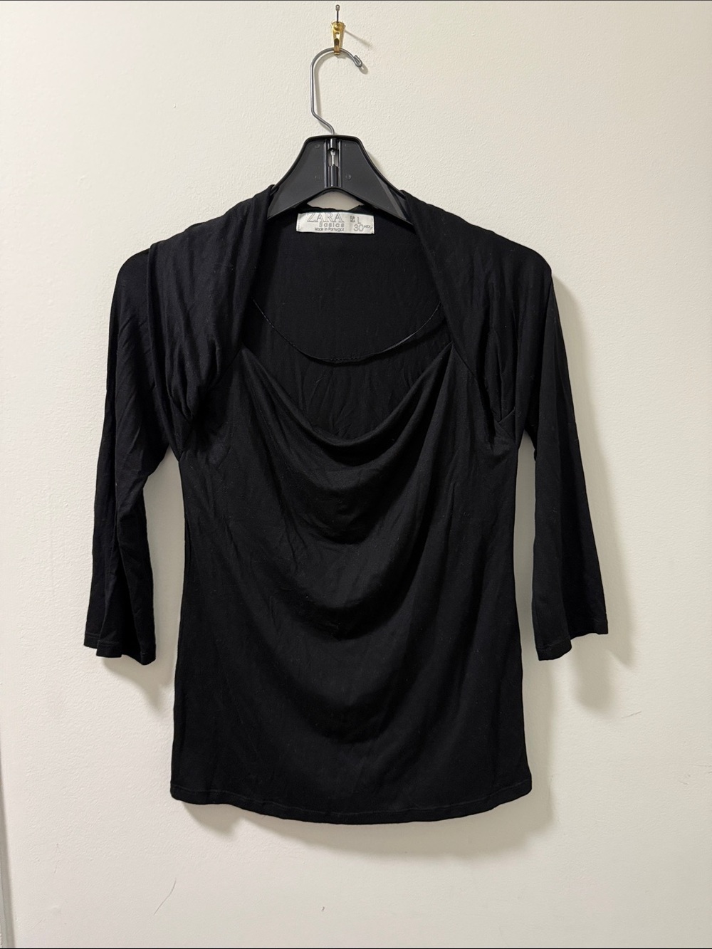 Zara Basics Draped Black Top with 3/4 Sleeve & shrug overlay. Woman’s Size L.